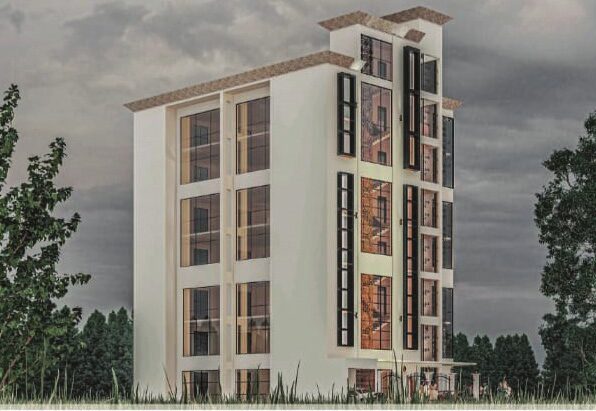 Render of a white apartment tower